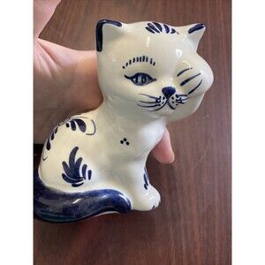 Delft Holland Blue White Cat Figurine Porcelain Hand Painted Statue Vintage